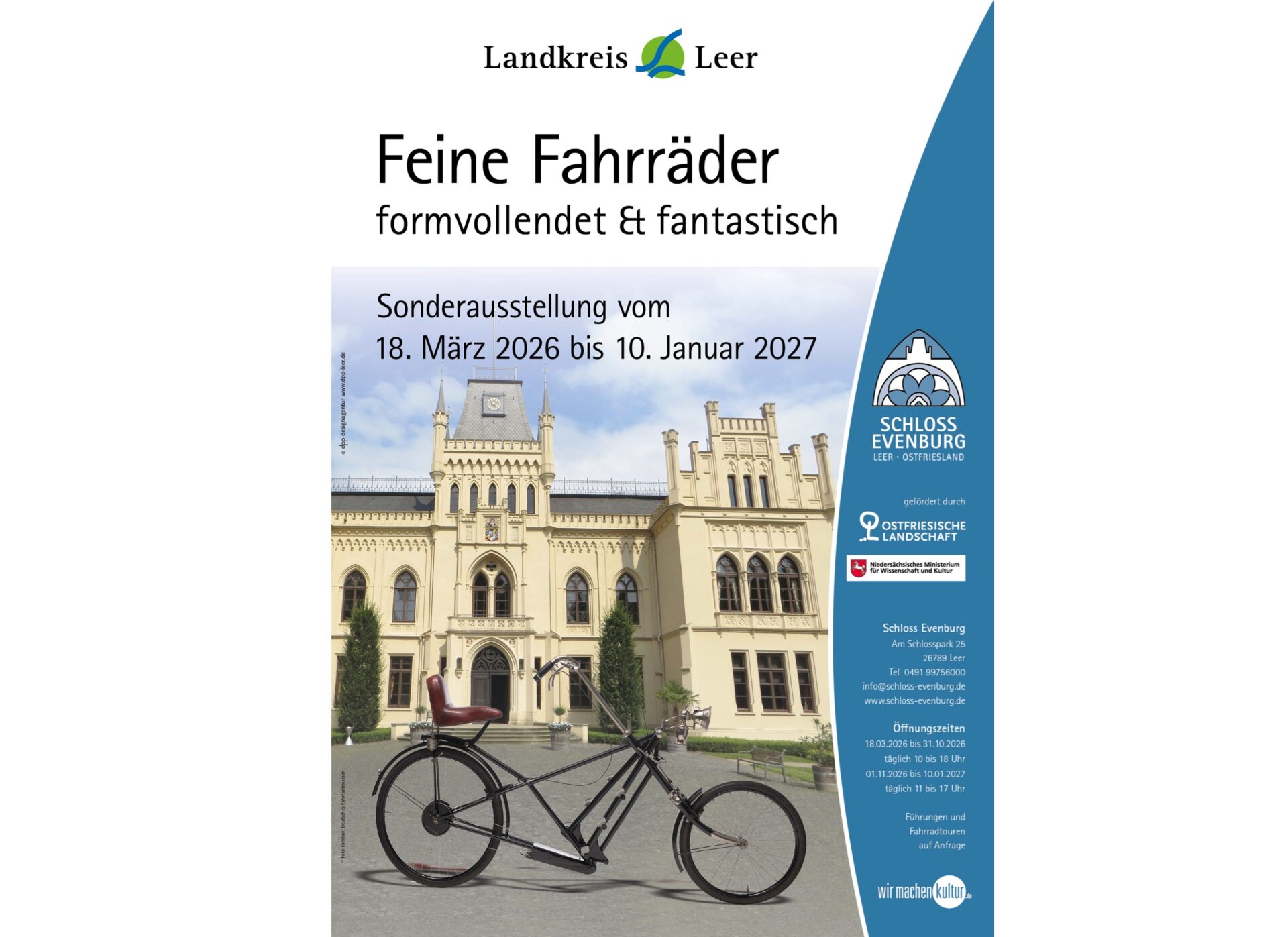 Ausstellungsplakat mit einem historischen Fahrrad vor Schloss Evenburg.