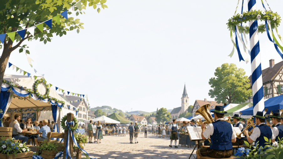 Traditionelles Vereinsfest mit Musikkapelle, Fahnen und festlich geschmücktem Platz