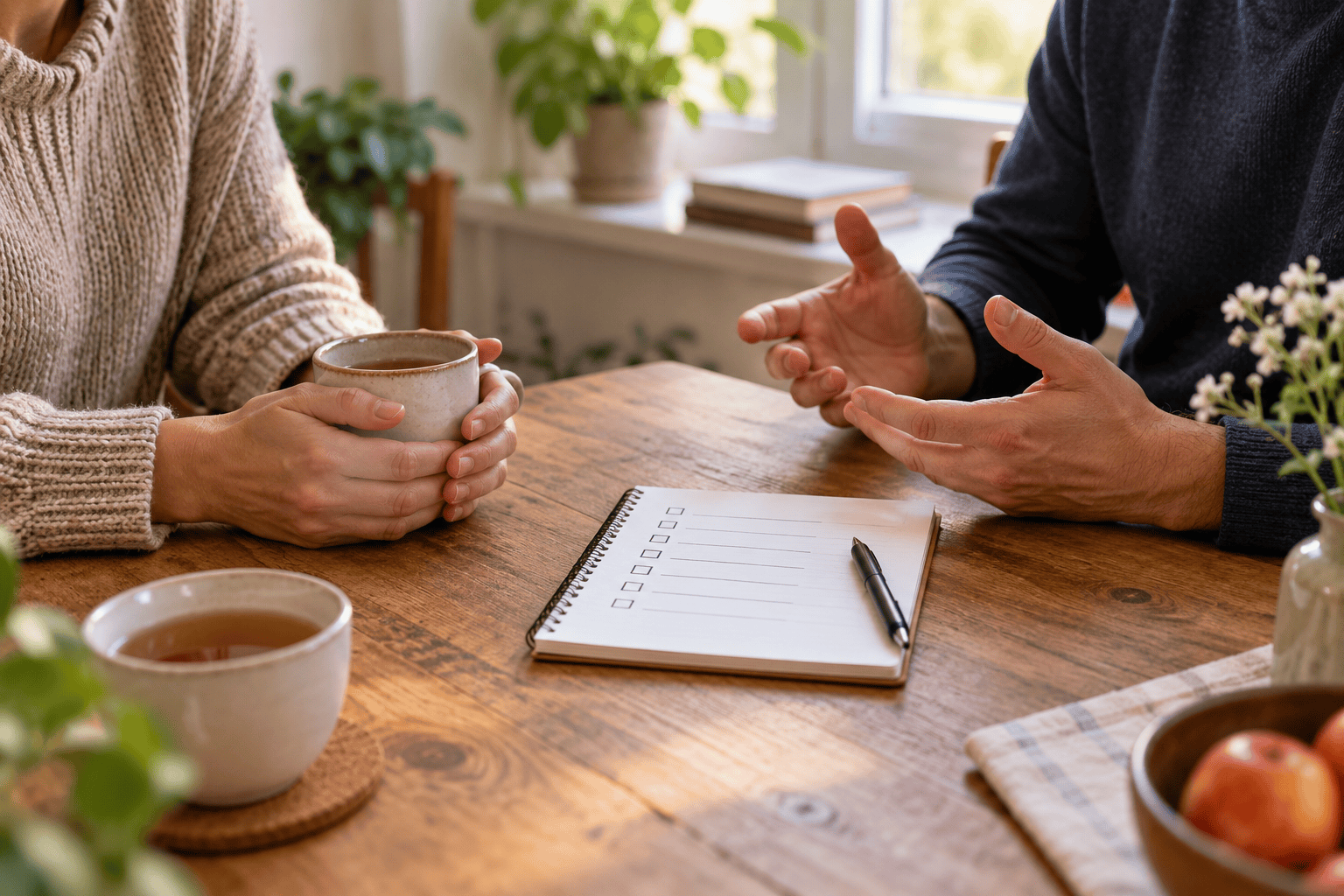 Zwei Personen besprechen eine To-do-Liste bei einer Tasse Tee