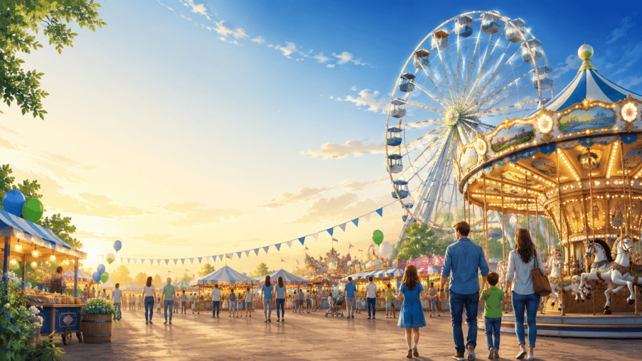 Besucher auf einer Kirmes mit Riesenrad, Karussell und bunten Fahrgeschäften