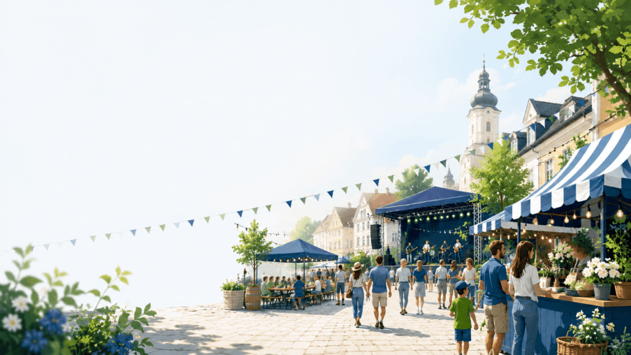 Besucher schlendern zwischen Marktständen auf einem sommerlichen Stadtfest